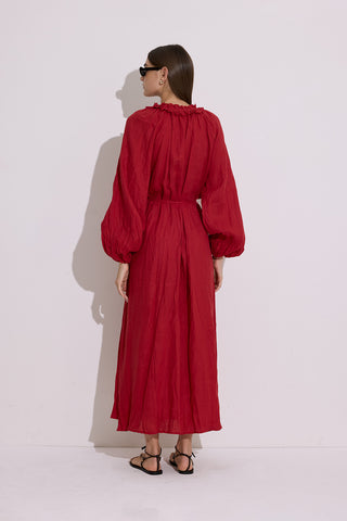 Ruched Neck Linen Dress Red