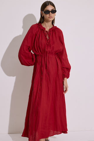 Ruched Neck Linen Dress Red