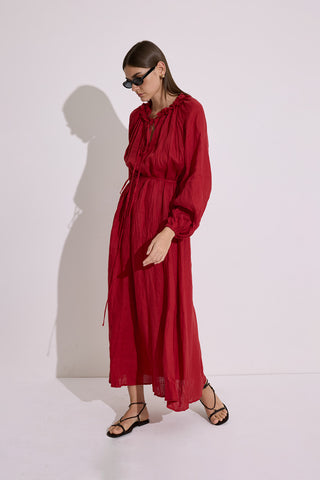 Ruched Neck Linen Dress Red