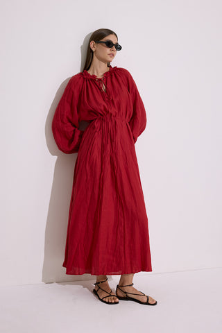 Ruched Neck Linen Dress Red