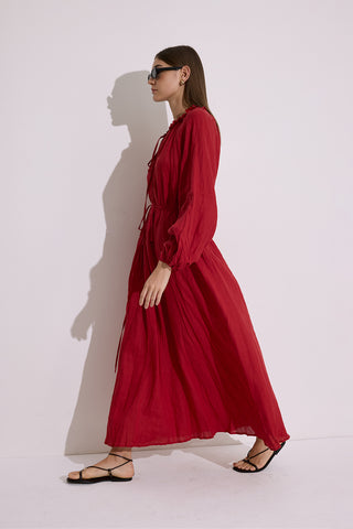 Ruched Neck Linen Dress Red