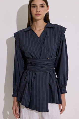Tie Detail Wrap Shirt Navy Blue