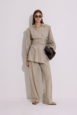 Striped Elastic Waist Trousers Beige