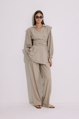 Striped Elastic Waist Trousers Beige