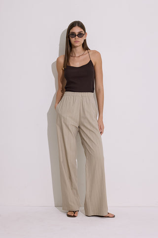 Striped Elastic Waist Trousers Beige