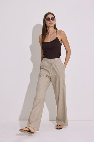 Striped Elastic Waist Trousers Beige