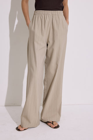 Striped Elastic Waist Trousers Beige