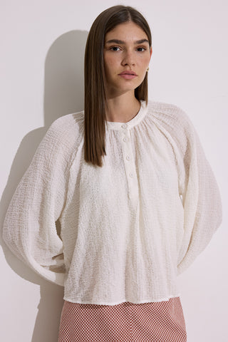 Textured Button-Neck Blouse Ecru