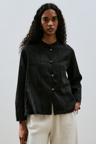 Linen Front Button Shirt Black