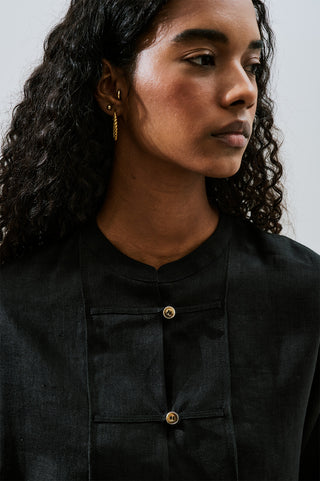 Linen Front Button Shirt Black
