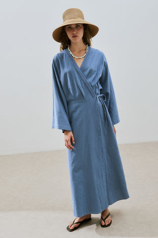 DOKULU KRUVAZE KAPAMALI ELBİSE İNDİGO