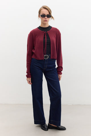 Soft Knit Cardigan With Lacing Burgundy