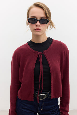 Soft Knit Cardigan With Lacing Burgundy