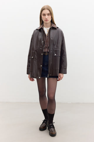 Textured Faux Leather Jacket Brown