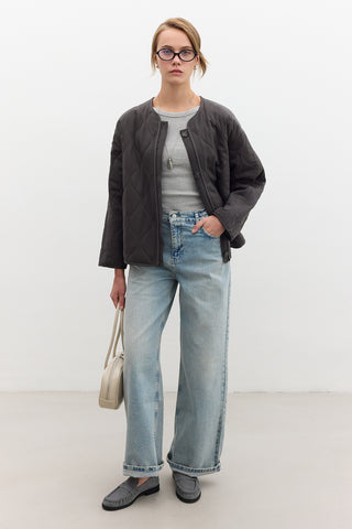 Buttoned Short Quilted Jacket Anthracite