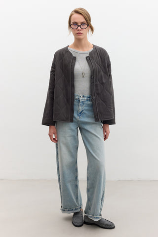 Buttoned Short Quilted Jacket Anthracite