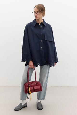 Embroidered Detail Statement Trench Coat Navy Blue