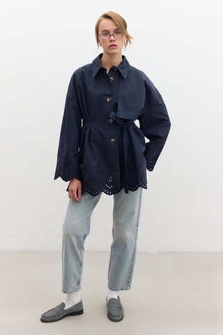 Embroidered Detail Statement Trench Coat Navy Blue