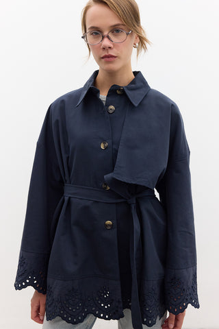 Embroidered Detail Statement Trench Coat Navy Blue
