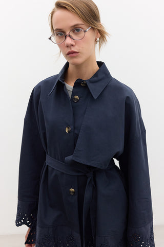 Embroidered Detail Statement Trench Coat Navy Blue