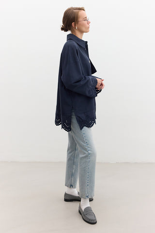 Embroidered Detail Statement Trench Coat Navy Blue