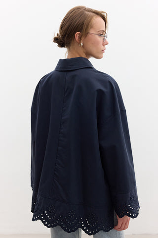 Embroidered Detail Statement Trench Coat Navy Blue