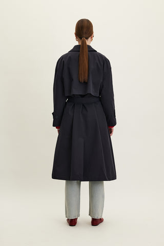 Oversized Belted Gabardine Trench Navy Blue