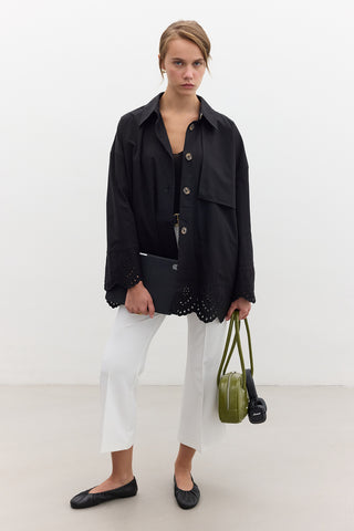 Embroidered Detail Statement Trench Coat Black