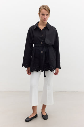 Embroidered Detail Statement Trench Coat Black