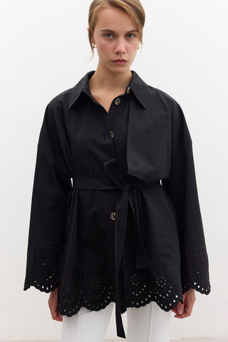 Embroidered Detail Statement Trench Coat Black