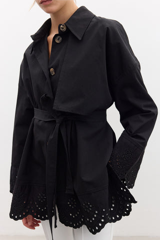 Embroidered Detail Statement Trench Coat Black