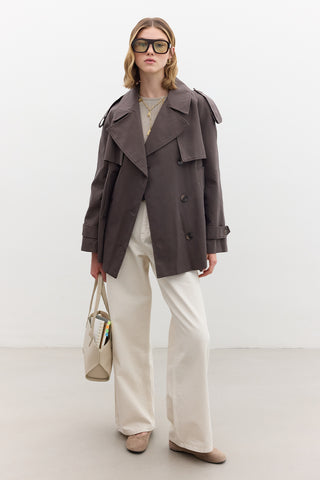 Double-Breasted Cropped Trench Coat Mink