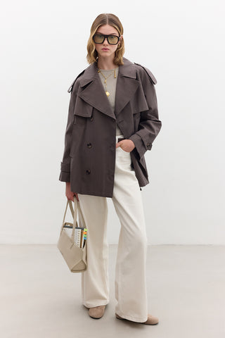 Double-Breasted Cropped Trench Coat Mink