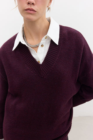 V Neck Knit Sweater Damson