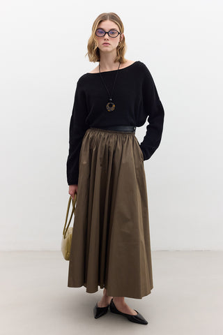 Leather Detail A-Line Skirt Khaki