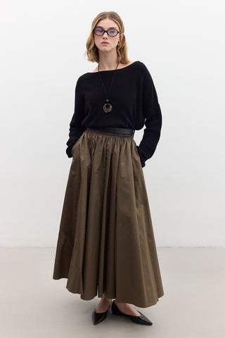 Leather Detail A-Line Skirt Khaki