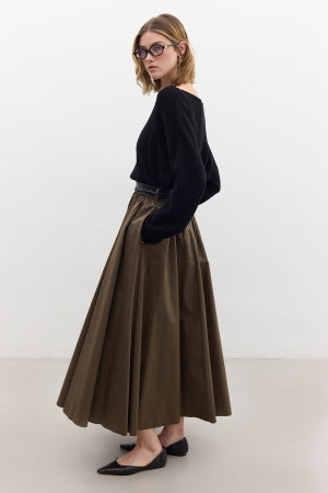 Leather Detail A-Line Skirt Khaki