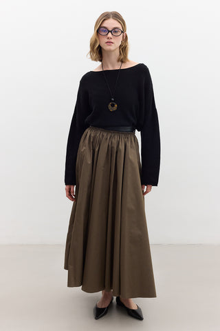 Leather Detail A-Line Skirt Khaki