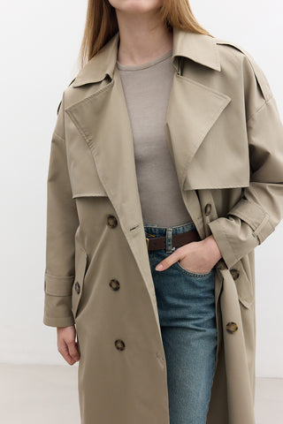 Double-Breasted Trench Coat With Buttons Sand