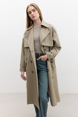 Double-Breasted Trench Coat With Buttons Sand