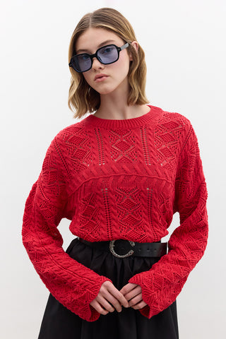Pointelle Knit Sweater Red