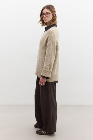 V Neck Knit Sweater Beige