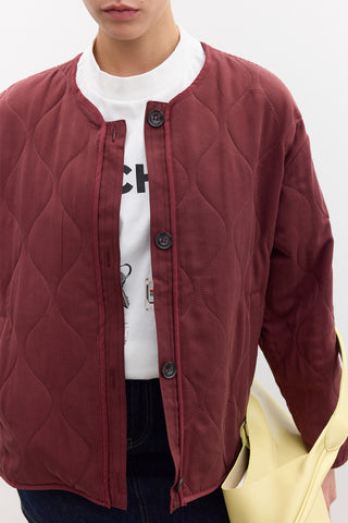 Buttoned Short Quilted Jacket Cherry Red