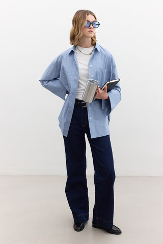 Wide Cuff Striped Shirt Blue