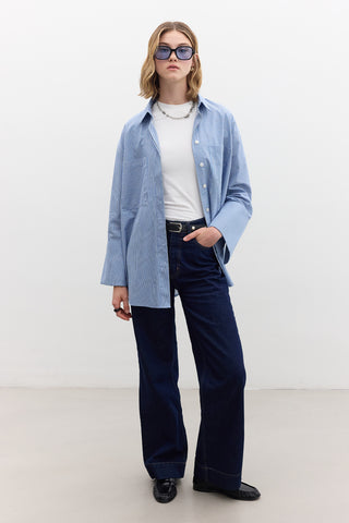 Wide Cuff Striped Shirt Blue