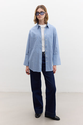 Wide Cuff Striped Shirt Blue