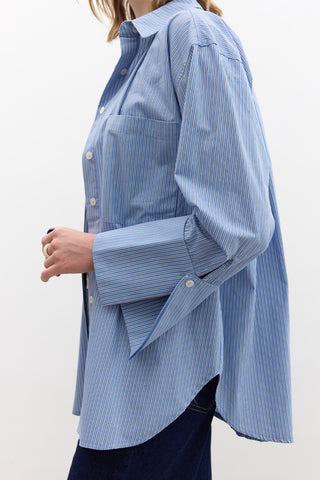 Wide Cuff Striped Shirt Blue