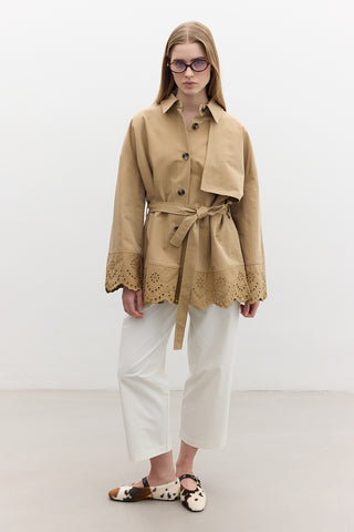 Embroidered Detail Statement Trench Coat Camel