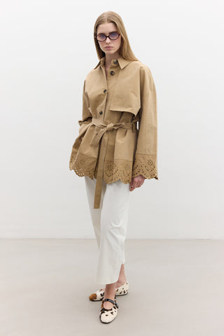 Embroidered Detail Statement Trench Coat Camel