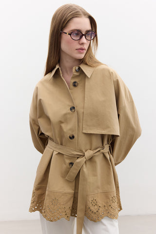 Embroidered Detail Statement Trench Coat Camel